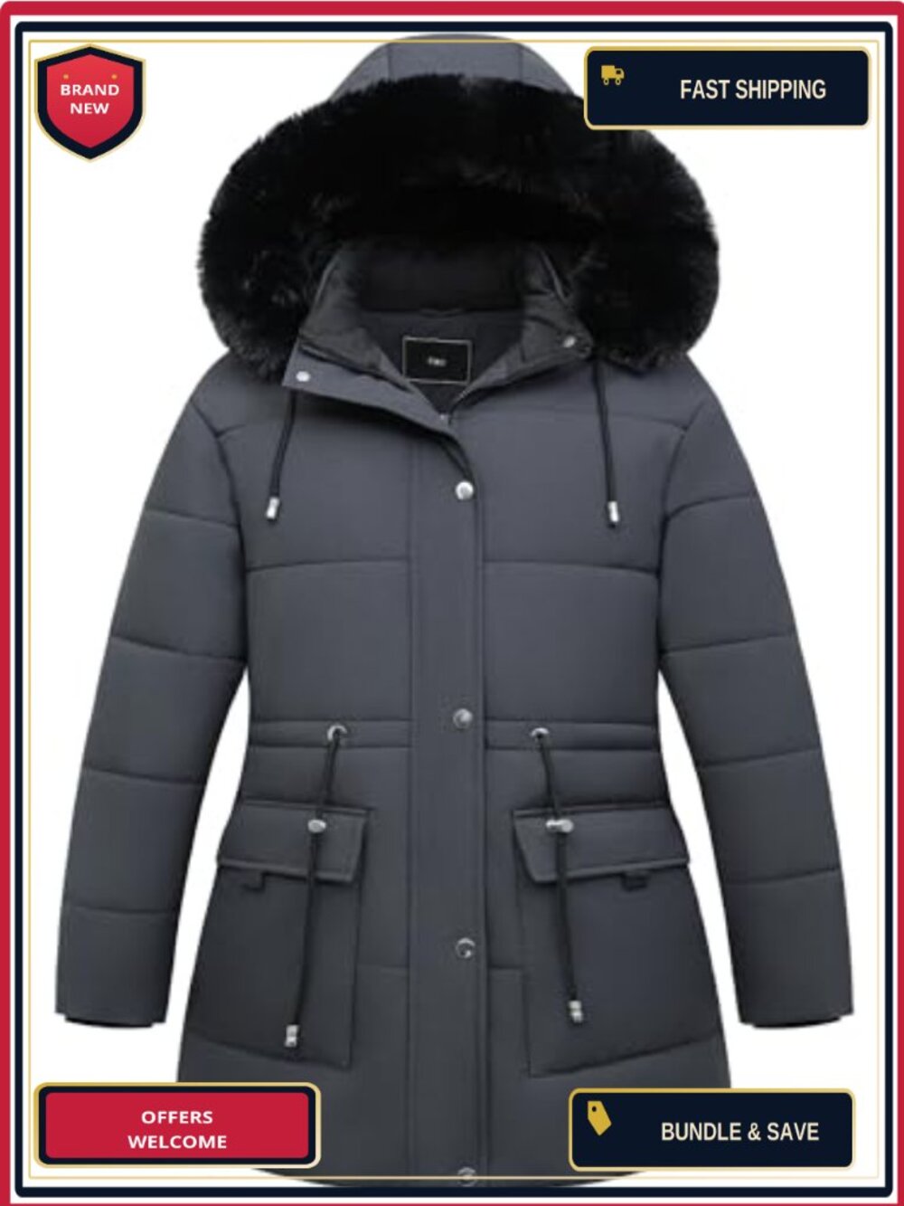 Women's Plus Size Quilted Down Parka Coat with Faux Fur Trim Waterproof Winter